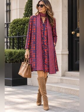 Gretchen Scott Designs Preppy Print Dress w/ Matching Scarf Sz M